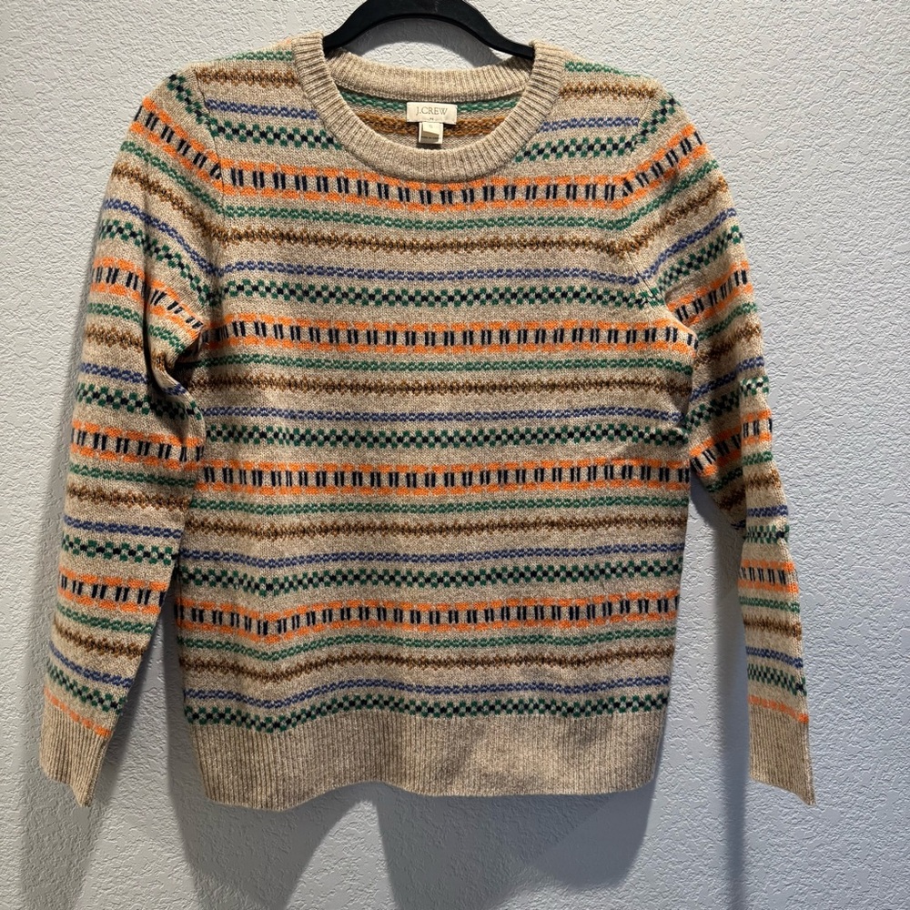 J. Crew Beige Fair Isle Crewneck Sweater with Orange & Green Accents
